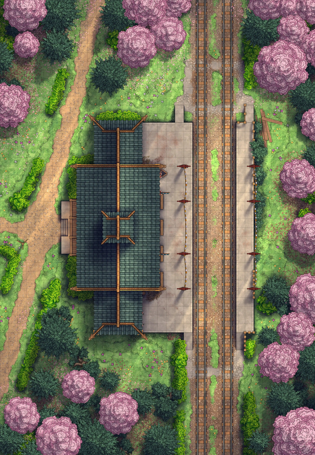 Rural Train Station Battlemap - Spring 02 - DnD Map, Digital, Foundry VTT, Print
