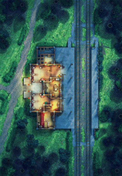 Rural Train Station Battlemap - Summer 01 Night - DnD Map, Digital, Foundry VTT, Print