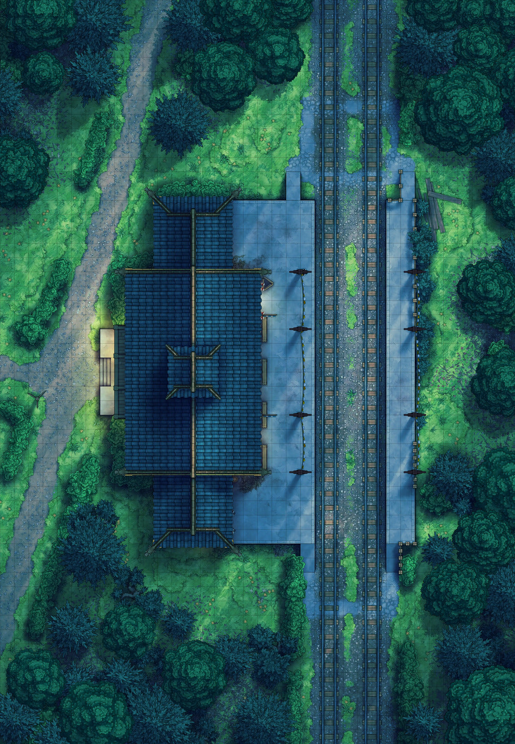 Rural Train Station Battlemap - Summer 02 Night - DnD Map, Digital, Foundry VTT, Print