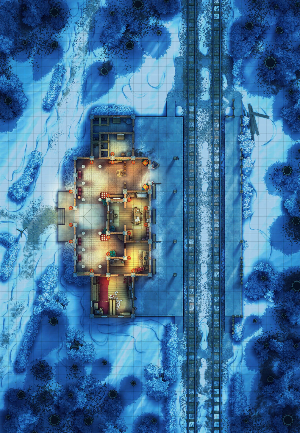 Rural Train Station Battlemap - Winter 01 Night - DnD Map, Digital, Foundry VTT, Print