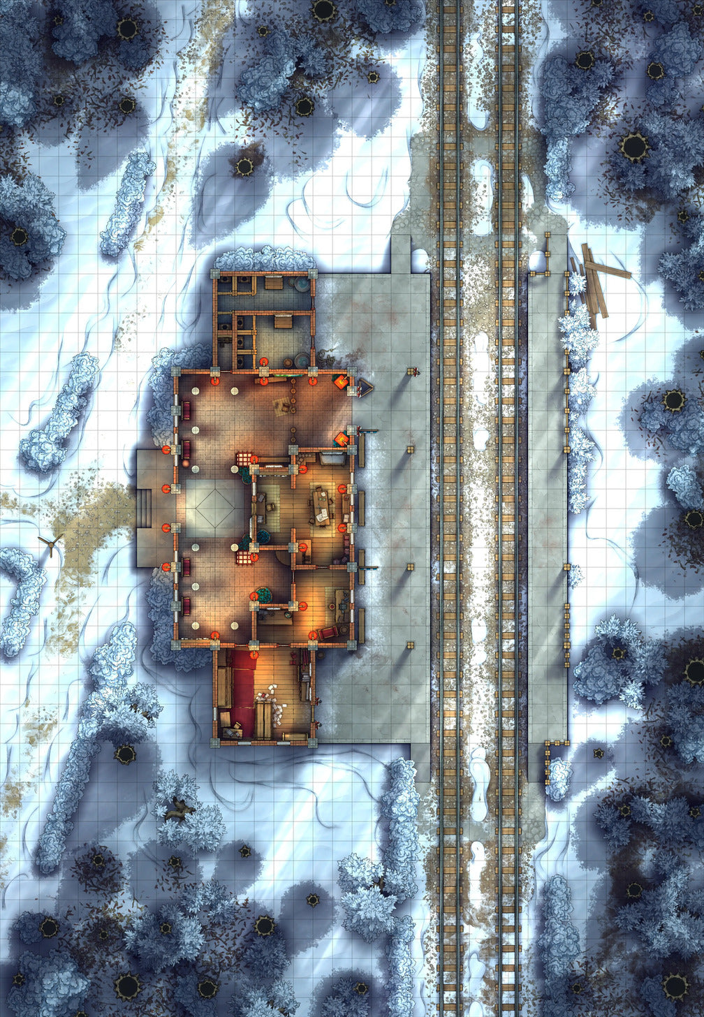 Rural Train Station Battlemap - Winter 01 - DnD Map, Digital, Foundry VTT, Print