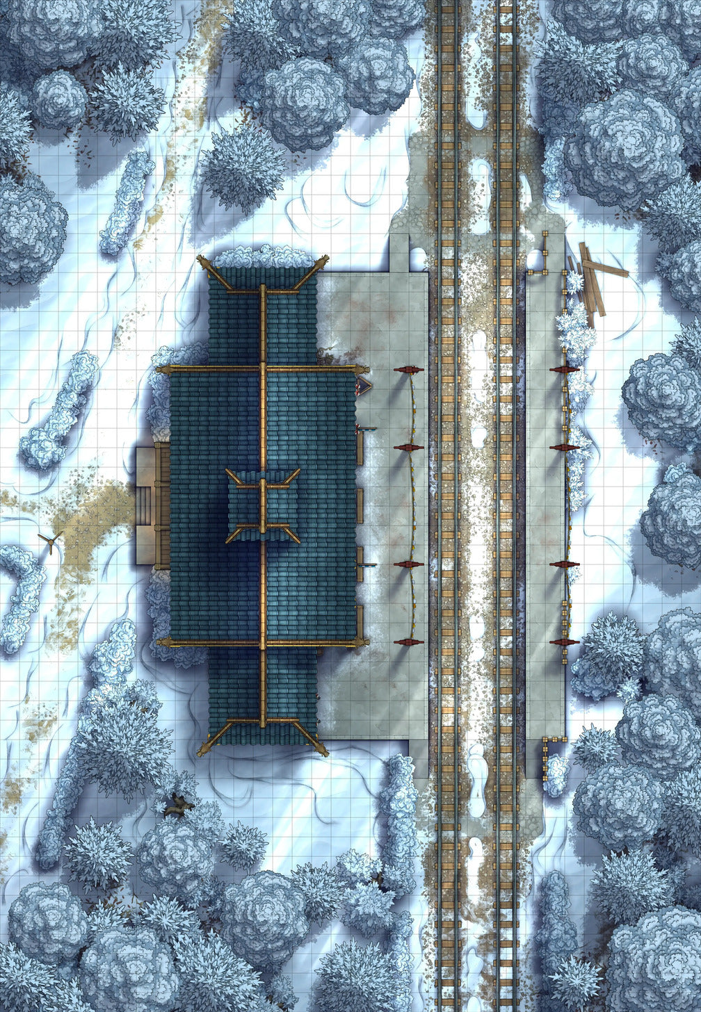 Rural Train Station Battlemap - Winter 02 - DnD Map, Digital, Foundry VTT, Print