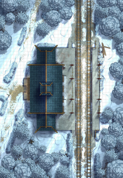 Rural Train Station Battlemap - Winter 02 - DnD Map, Digital, Foundry VTT, Print
