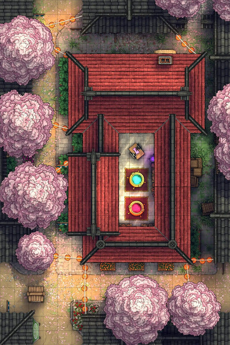 Alchemist’s Sweets Shop & Laboratory Battlemap - overhead view red-roofed courtyard - Digital, Foundry VTT, Print