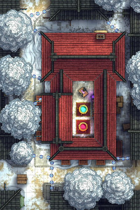 Alchemist’s Sweets Shop & Laboratory Battlemap - overhead view red-roofed courtyard - Digital, Foundry VTT, Print