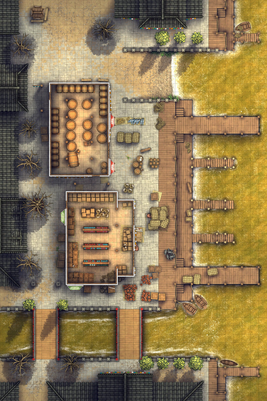 Asian City Seaport Dock Warehouse Battlemap - overhead view town map - Digital, Foundry VTT, Print
