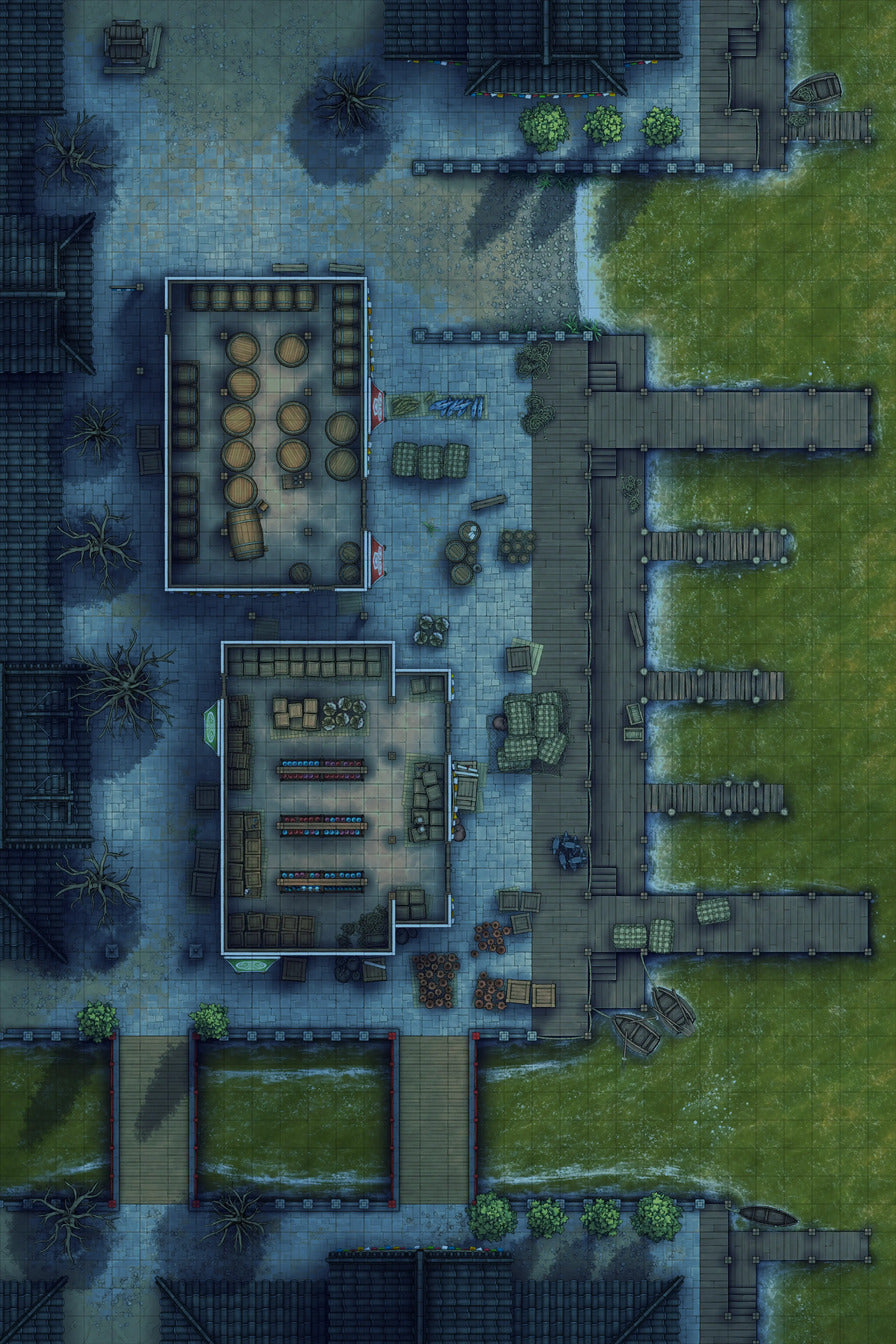Asian City Seaport Dock Warehouse Battlemap - overhead view town map - Digital, Foundry VTT, Print