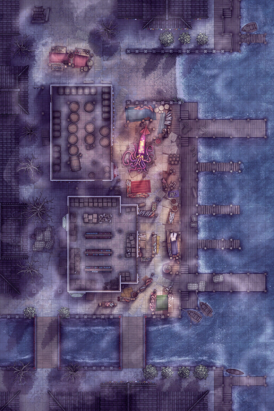 Asian City Seaport Dock Warehouse Battlemap - coastal town map - Digital, Foundry VTT, Print