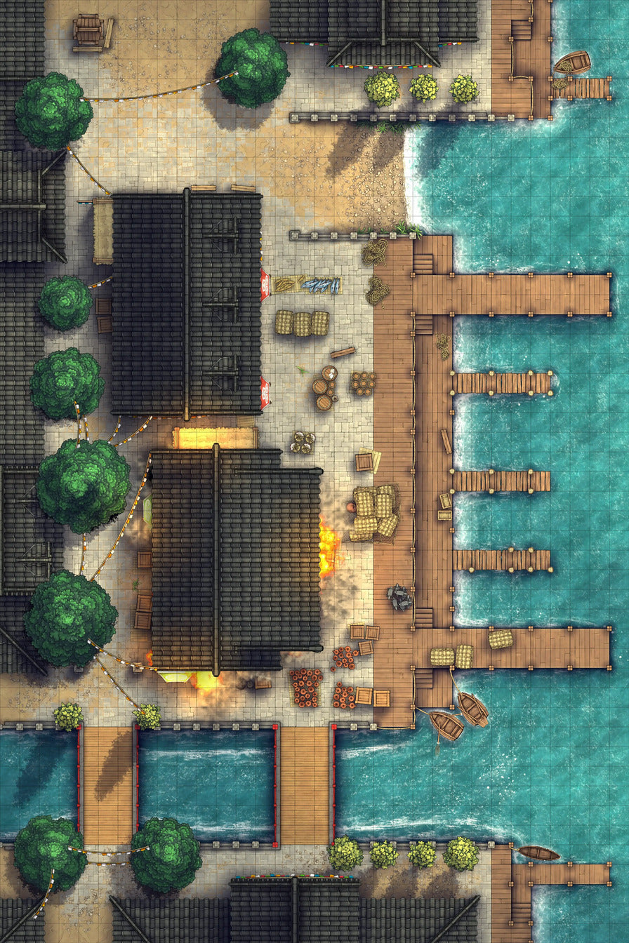 Asian City Seaport Dock Warehouse Battlemap - coastal town map - Digital, Foundry VTT, Print