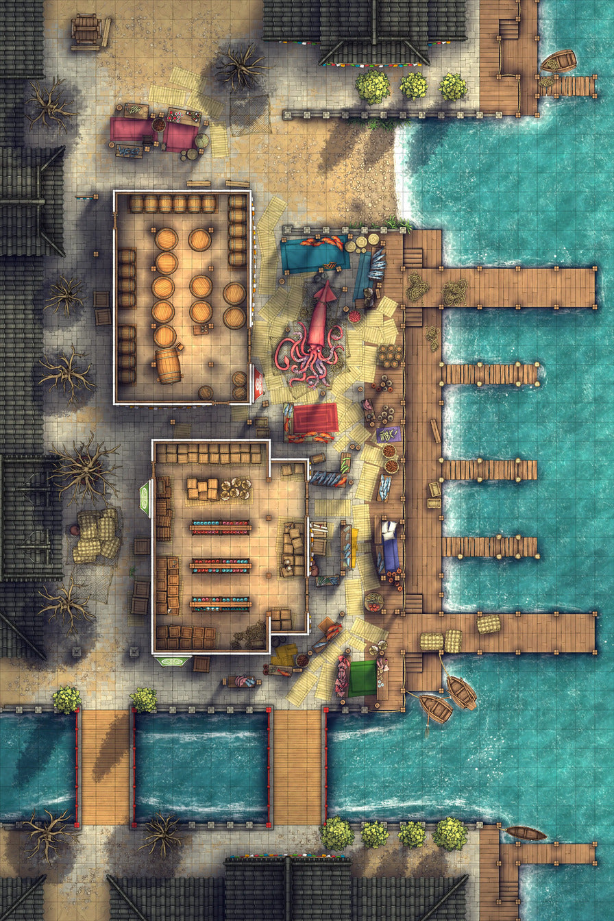 Asian City Seaport Dock Warehouse Battlemap - coastal town market - Digital, Foundry VTT, Print