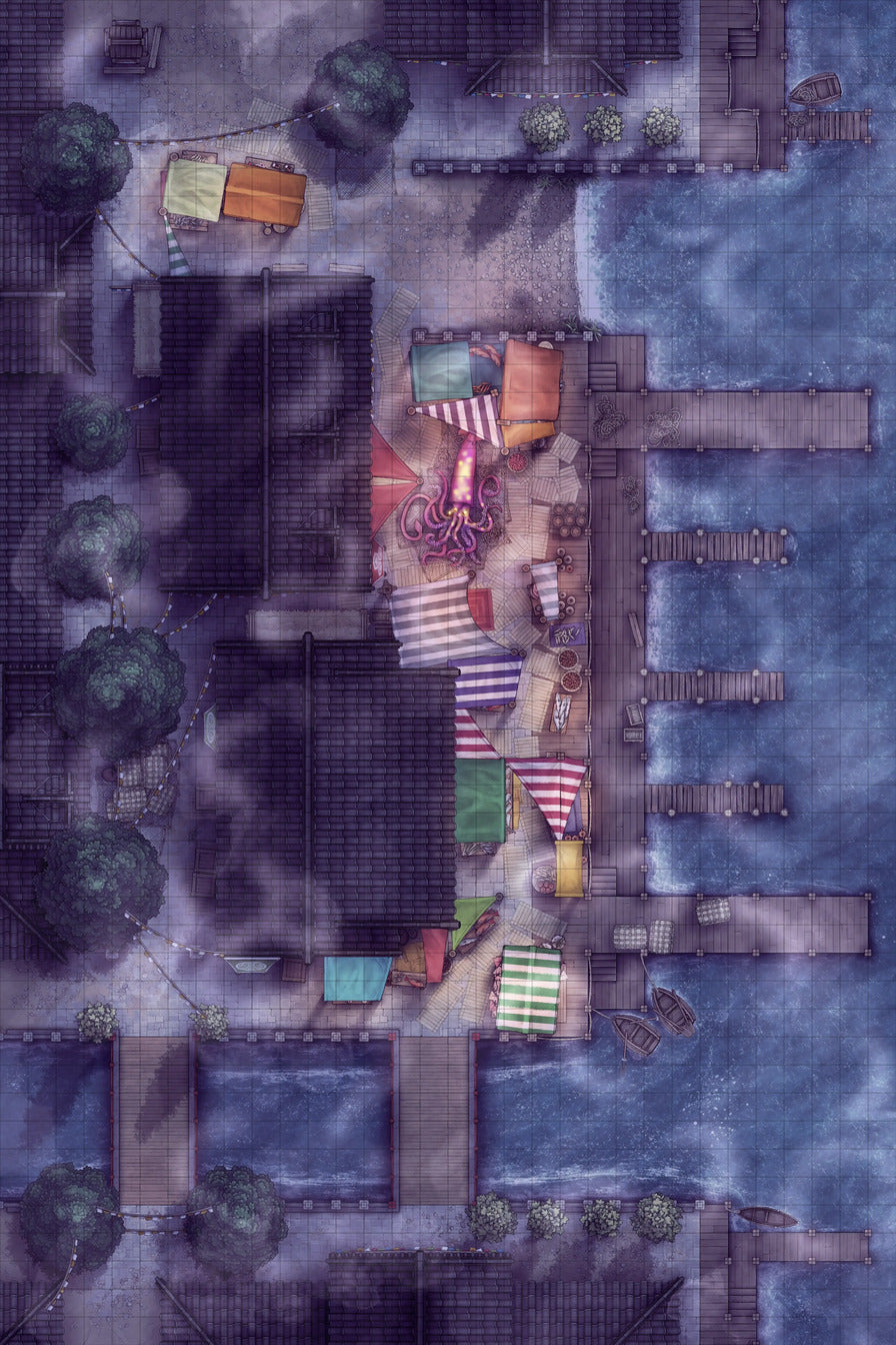 Asian City Seaport Dock Warehouse Battlemap - nighttime harbor marketplace - Digital, Foundry VTT, Print