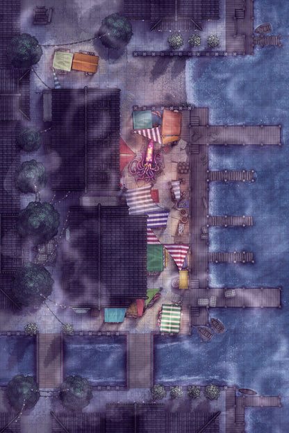 Asian City Seaport Dock Warehouse Battlemap - nighttime harbor marketplace - Digital, Foundry VTT, Print