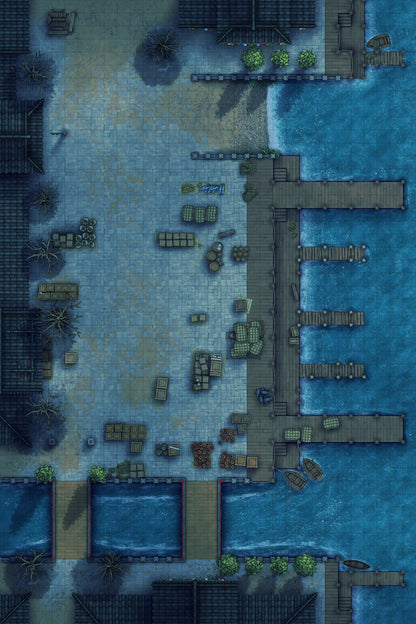 Asian City Seaport Dock Warehouse Battlemap - nighttime harbor scene - Digital, Foundry VTT, Print