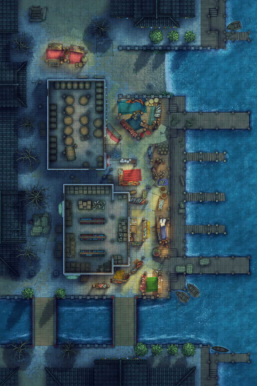 Asian City Seaport Dock Warehouse Battlemap - nighttime harbor town - Digital, Foundry VTT, Print