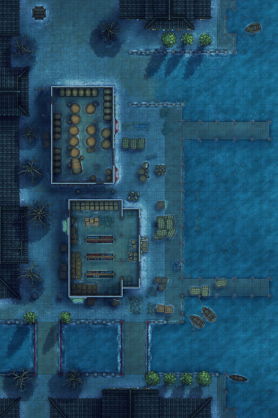 Asian City Seaport Dock Warehouse Battlemap - nighttime harbor town - Digital, Foundry VTT, Print