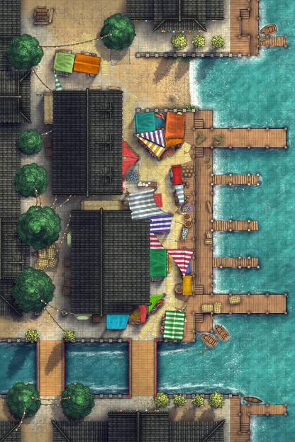 Asian City Seaport Dock Warehouse Battlemap - overhead view coastal marketplace - Digital, Foundry VTT, Print