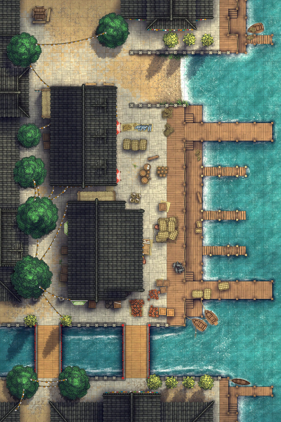 Asian City Seaport Dock Warehouse Battlemap - overhead view coastal town - Digital, Foundry VTT, Print