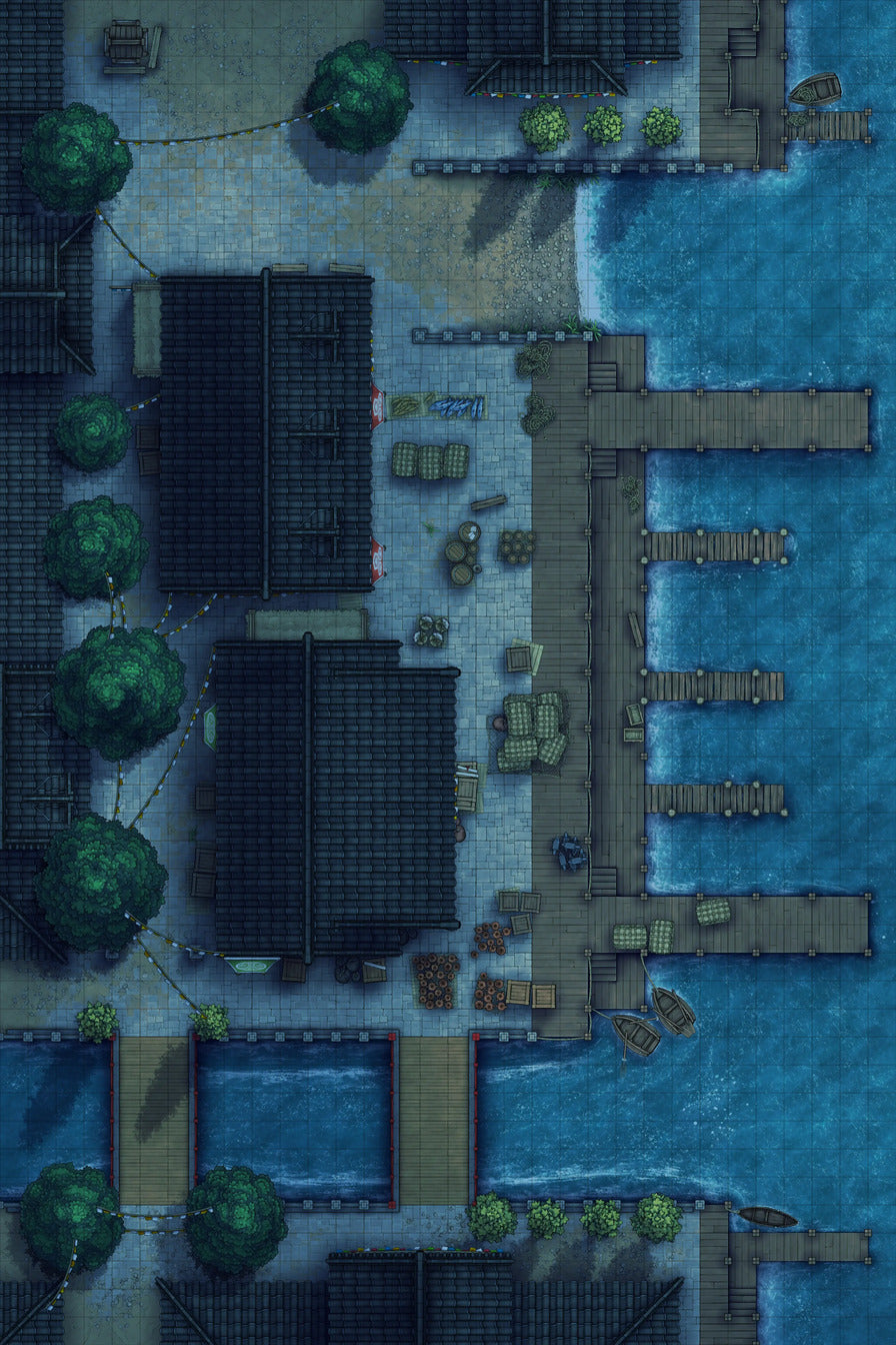 Asian City Seaport Dock Warehouse Battlemap - overhead view coastal town - Digital, Foundry VTT, Print