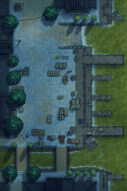 Asian City Seaport Dock Warehouse Battlemap - overhead view dockside marketplace - Digital, Foundry VTT, Print
