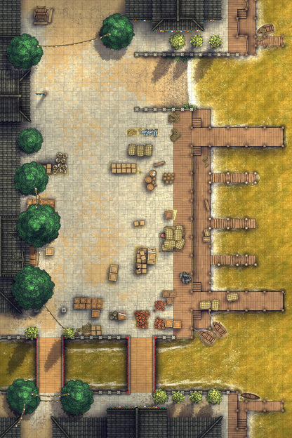 Asian City Seaport Dock Warehouse Battlemap - overhead view port town - Digital, Foundry VTT, Print