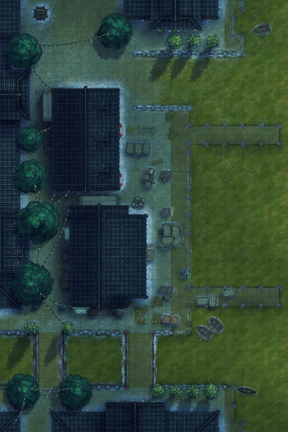 Asian City Seaport Dock Warehouse Battlemap - overhead view village - Digital, Foundry VTT, Print