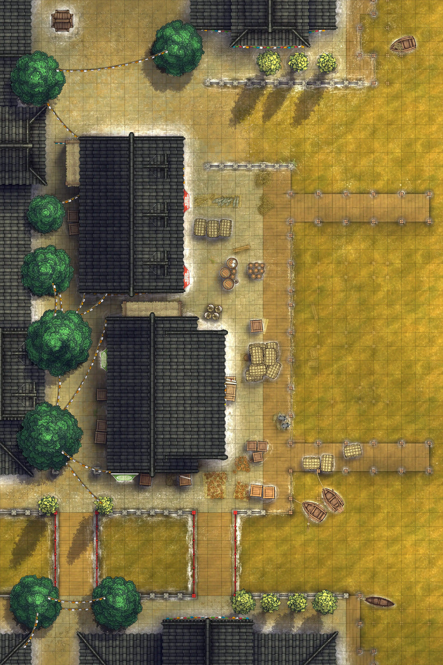 Asian City Seaport Dock Warehouse Battlemap - overhead view village - Digital, Foundry VTT, Print