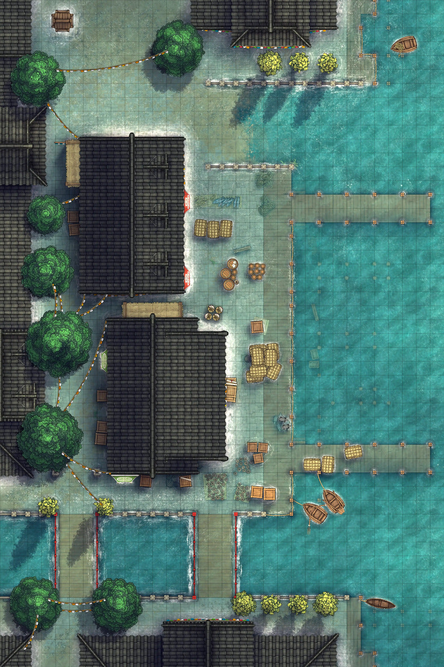 Asian City Seaport Dock Warehouse Battlemap - overhead view waterfront village - Digital, Foundry VTT, Print