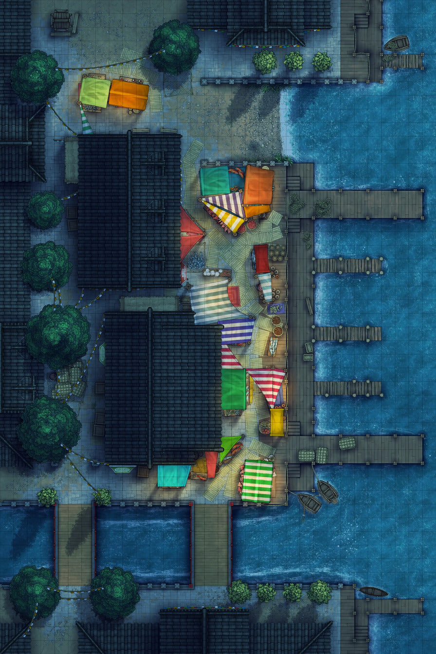 Asian City Seaport Dock Warehouse Battlemap - overhead view waterfront market - Digital, Foundry VTT, Print