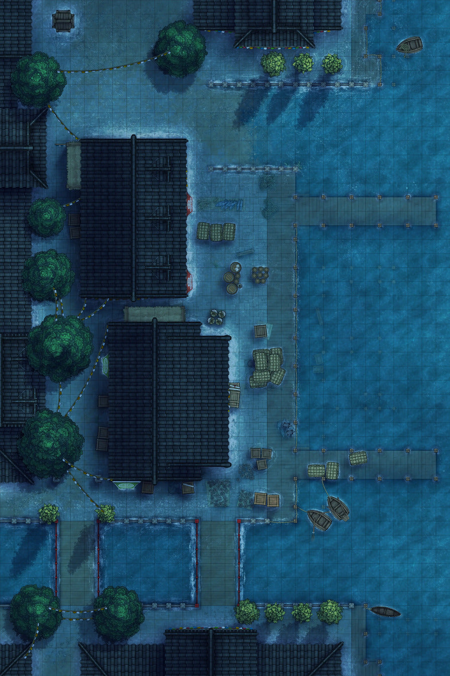 Asian City Seaport Dock Warehouse Battlemap - overhead view waterfront town - Digital, Foundry VTT, Print