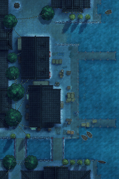 Asian City Seaport Dock Warehouse Battlemap - overhead view waterfront town - Digital, Foundry VTT, Print