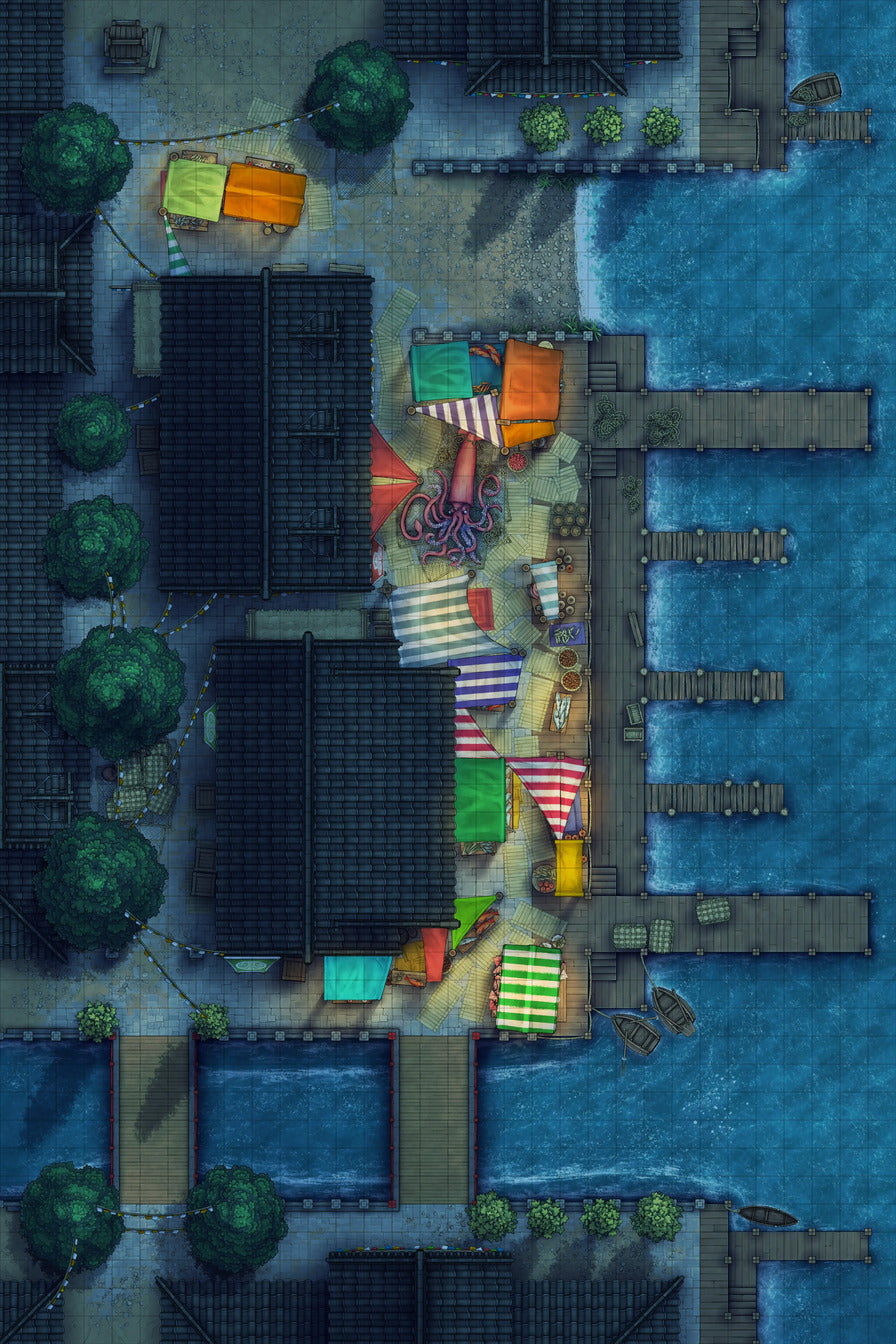 Asian City Seaport Dock Warehouse Battlemap - overhead view waterfront market - Digital, Foundry VTT, Print