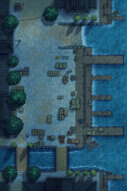 Asian City Seaport Dock Warehouse Battlemap - overhead view waterfront marketplace - Digital, Foundry VTT, Print