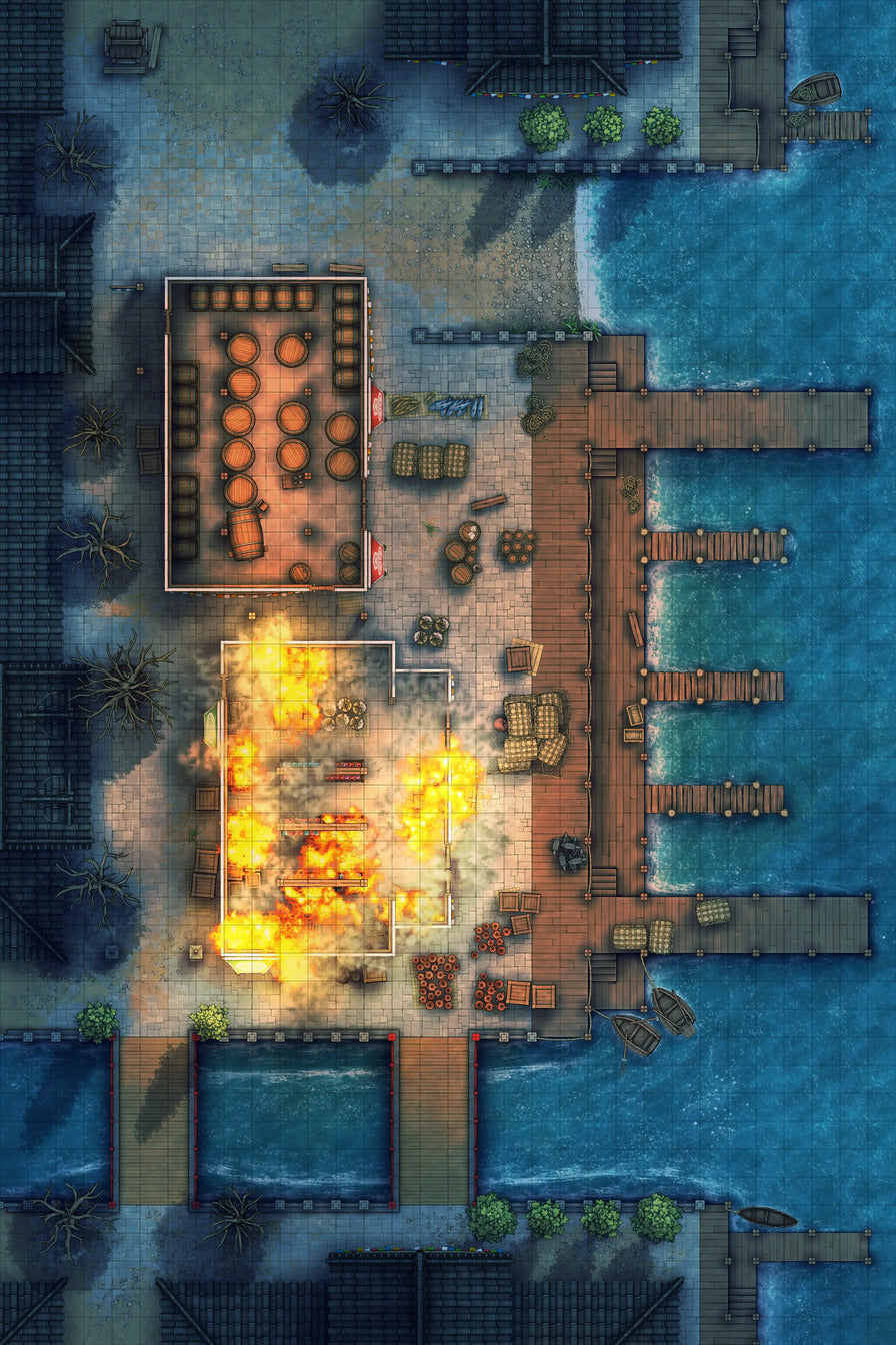 Asian City Seaport Dock Warehouse Battlemap - waterfront - Digital, Foundry VTT, Print