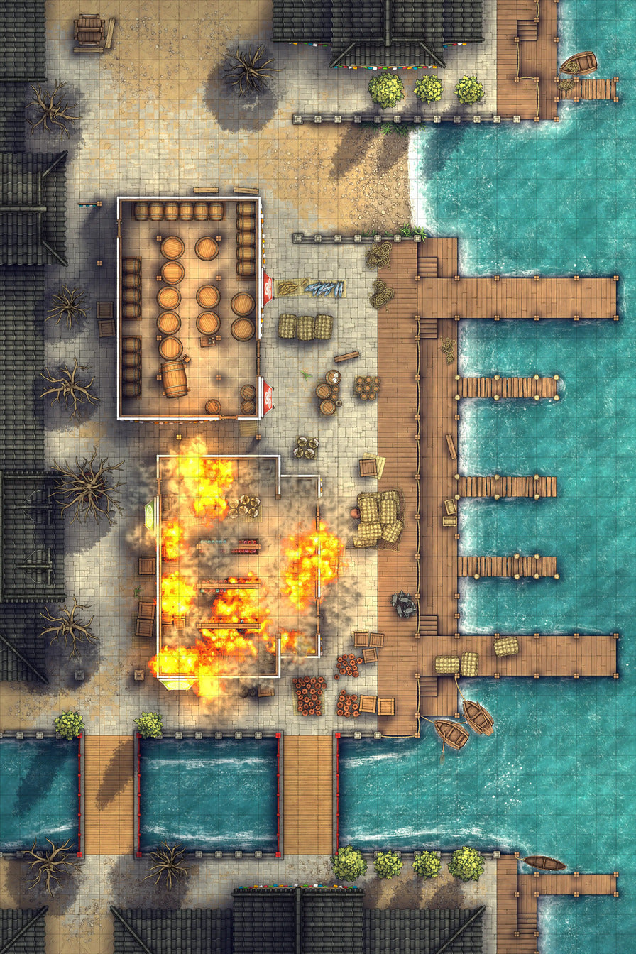 Asian City Seaport Dock Warehouse Battlemap - waterfront town - Digital, Foundry VTT, Print