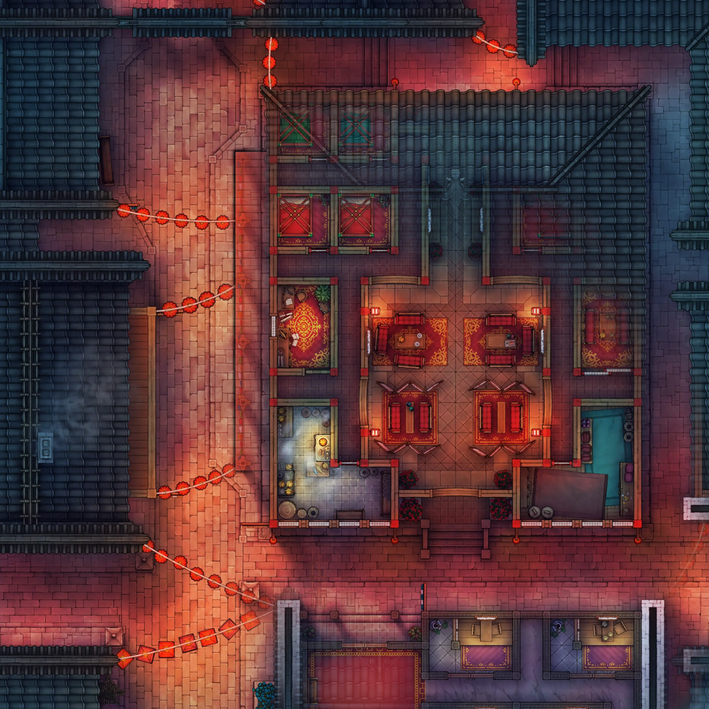 Chinese City Red Light District Battlemap - overhead view chinese-style - Digital, Foundry VTT, Print