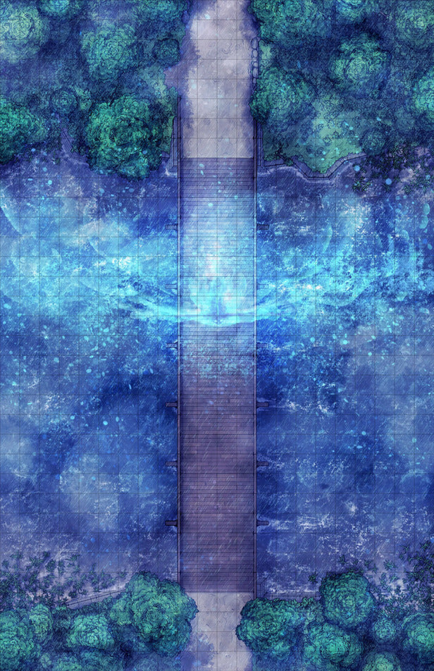 Forest Bridge Battlemap - blue white galaxy-themed cross necklace - Digital, Foundry VTT, Print