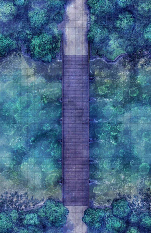 Forest Bridge Battlemap - wooden pier blue green hues - Digital, Foundry VTT, Print