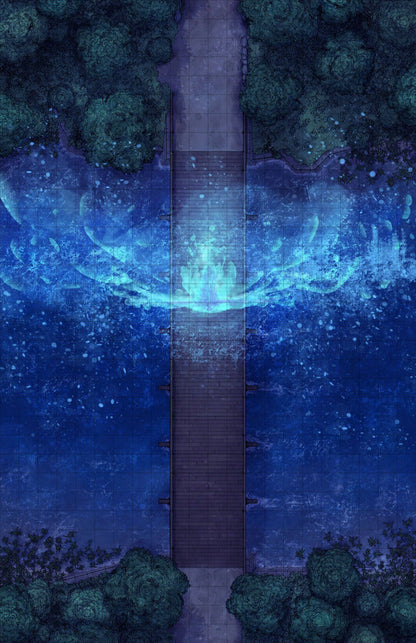Forest Bridge Battlemap - wooden pier blue lights embedded - Digital, Foundry VTT, Print