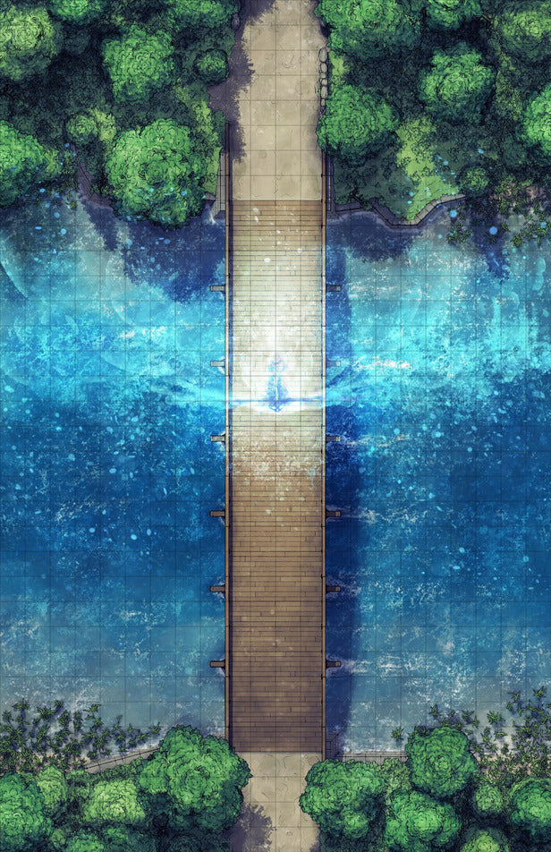 Forest Bridge Battlemap - wooden pier blue water green - Digital, Foundry VTT, Print
