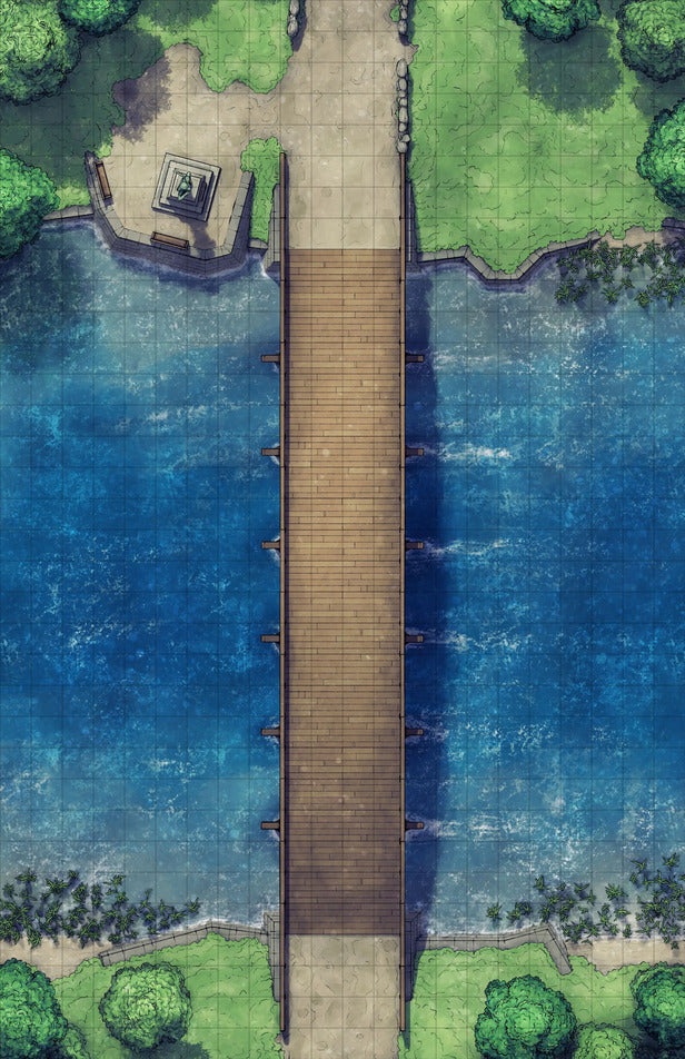 Forest Bridge Battlemap - wooden pier stone pillars railings - Digital, Foundry VTT, Print