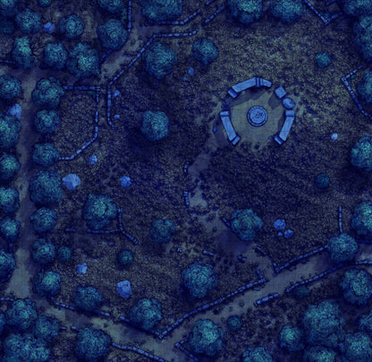 Forgotten Golden Wheat Fields Battlemap - blue circular white roof green - Digital, Foundry VTT, Print