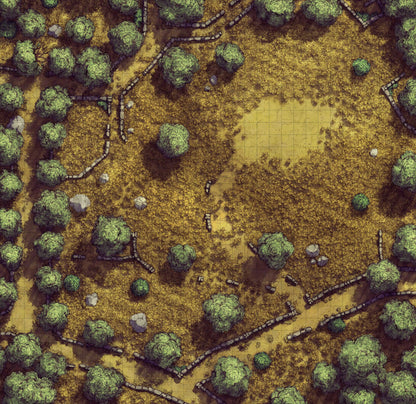Forgotten Golden Wheat Fields Battlemap - green moss-covered stone wall trees - Digital, Foundry VTT, Print