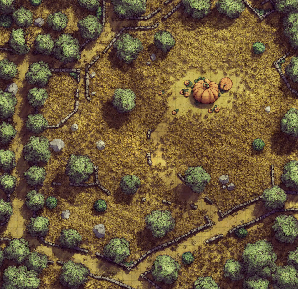 Forgotten Golden Wheat Fields Battlemap - orange pumpkin green stem leaves - Digital, Foundry VTT, Print