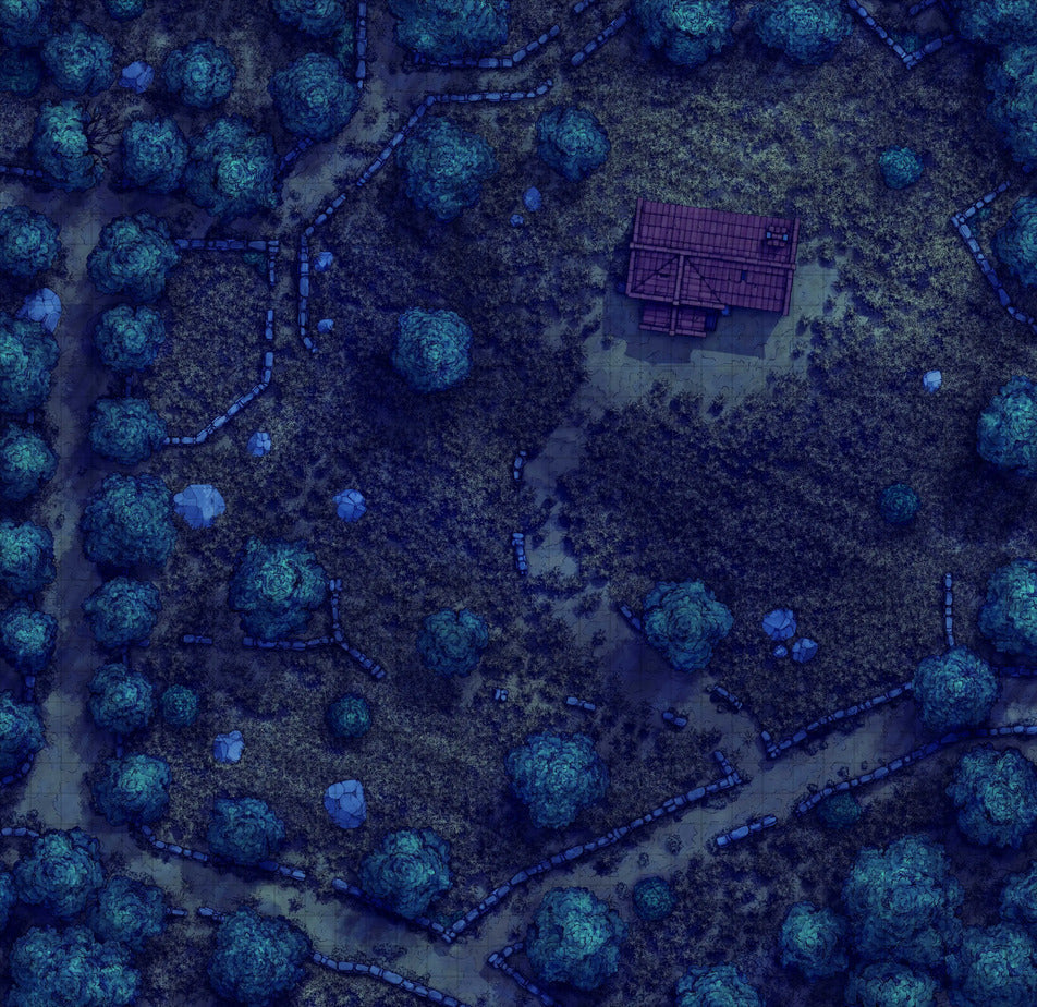 Forgotten Golden Wheat Fields Battlemap - purple house red roof wooden - Digital, Foundry VTT, Print