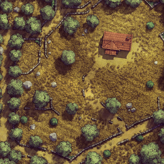 Forgotten Golden Wheat Fields Battlemap - red roofed cabin wooden walls - Digital, Foundry VTT, Print
