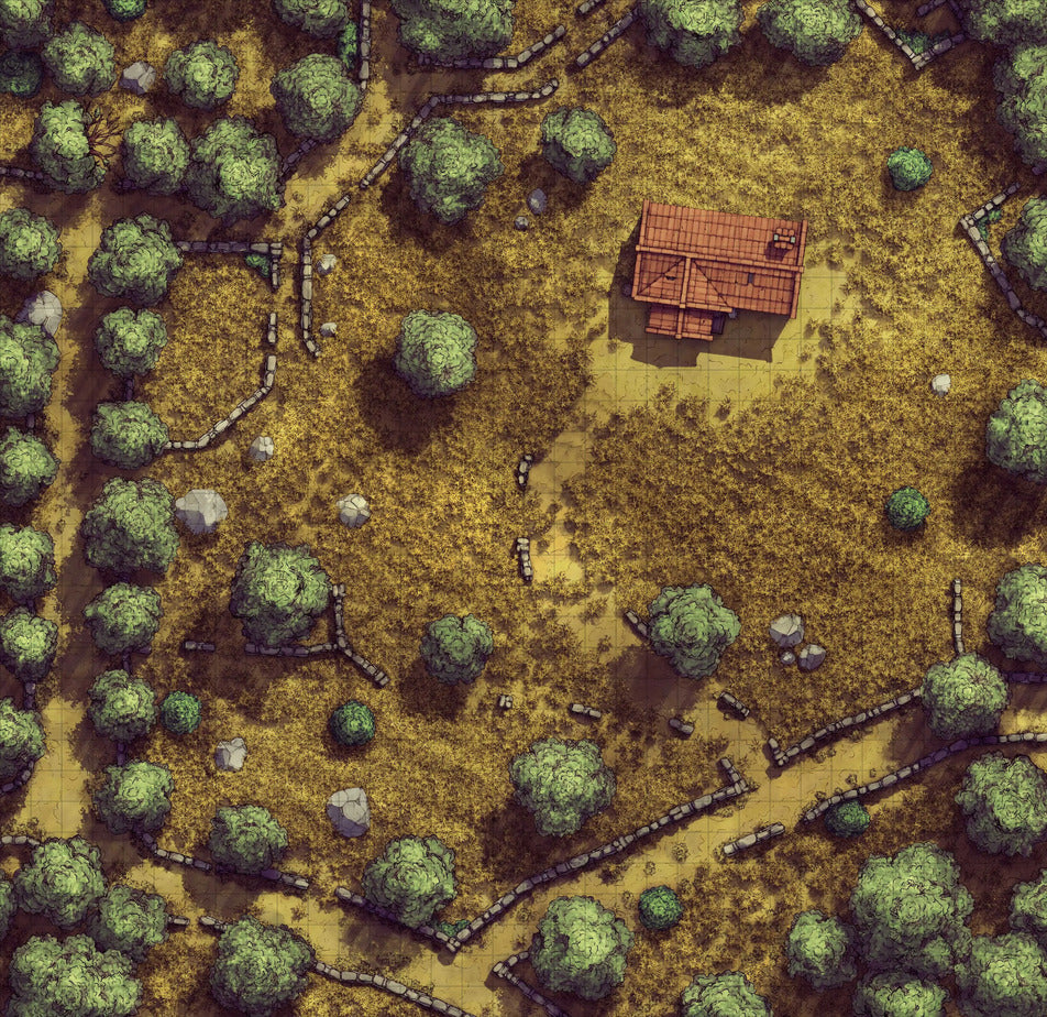 Forgotten Golden Wheat Fields Battlemap - wooden cabin red roof brown - Digital, Foundry VTT, Print