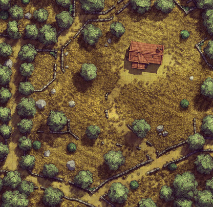 Forgotten Golden Wheat Fields Battlemap - wooden cabin red roof brown - Digital, Foundry VTT, Print