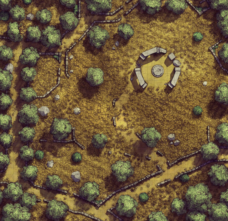 Forgotten Golden Wheat Fields Battlemap - yellow circular stone monument surrounded - Digital, Foundry VTT, Print