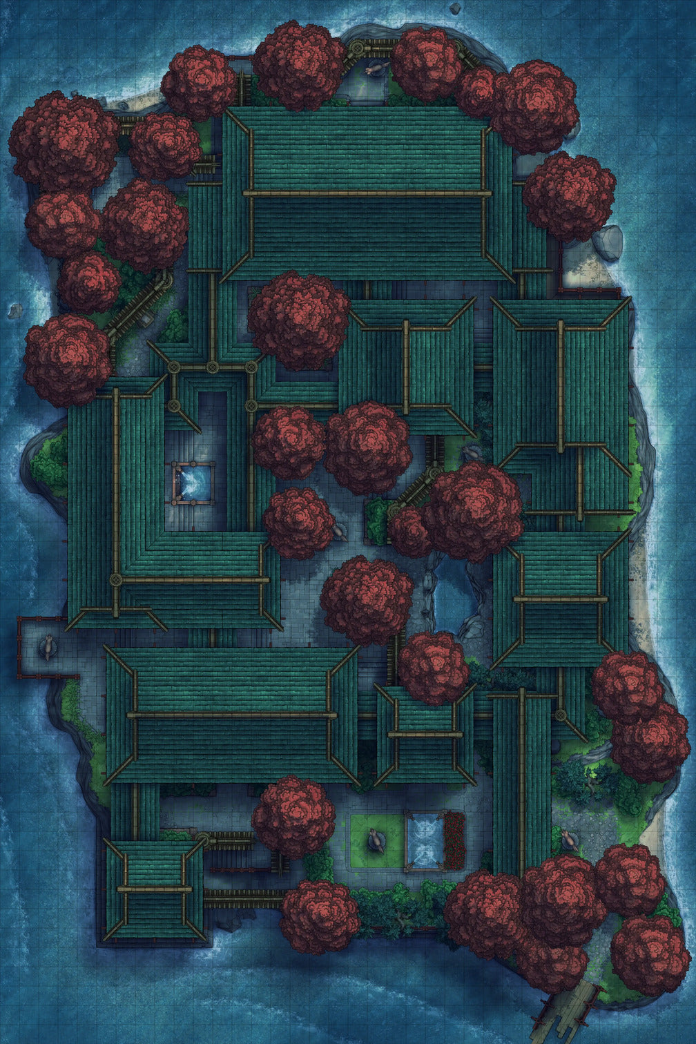 Fox Spirit’s Island Palace - Modular Dungeon Tileset Battlemap - green wooden house red roof - Digital, Foundry VTT,