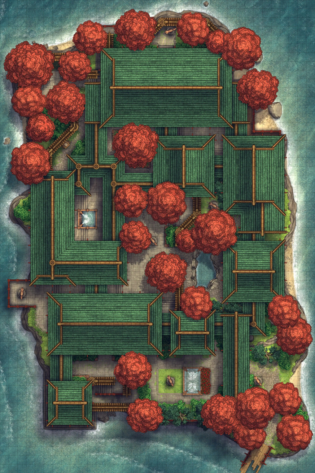 Fox Spirit’s Island Palace - Modular Dungeon Tileset Battlemap - green maze garden red bushes - Digital, Foundry VTT,
